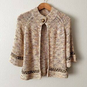 BCBGMAXAZRIA Beaded Boho Chunky Knit Cardigan Neutral Tan Button Top Size Large